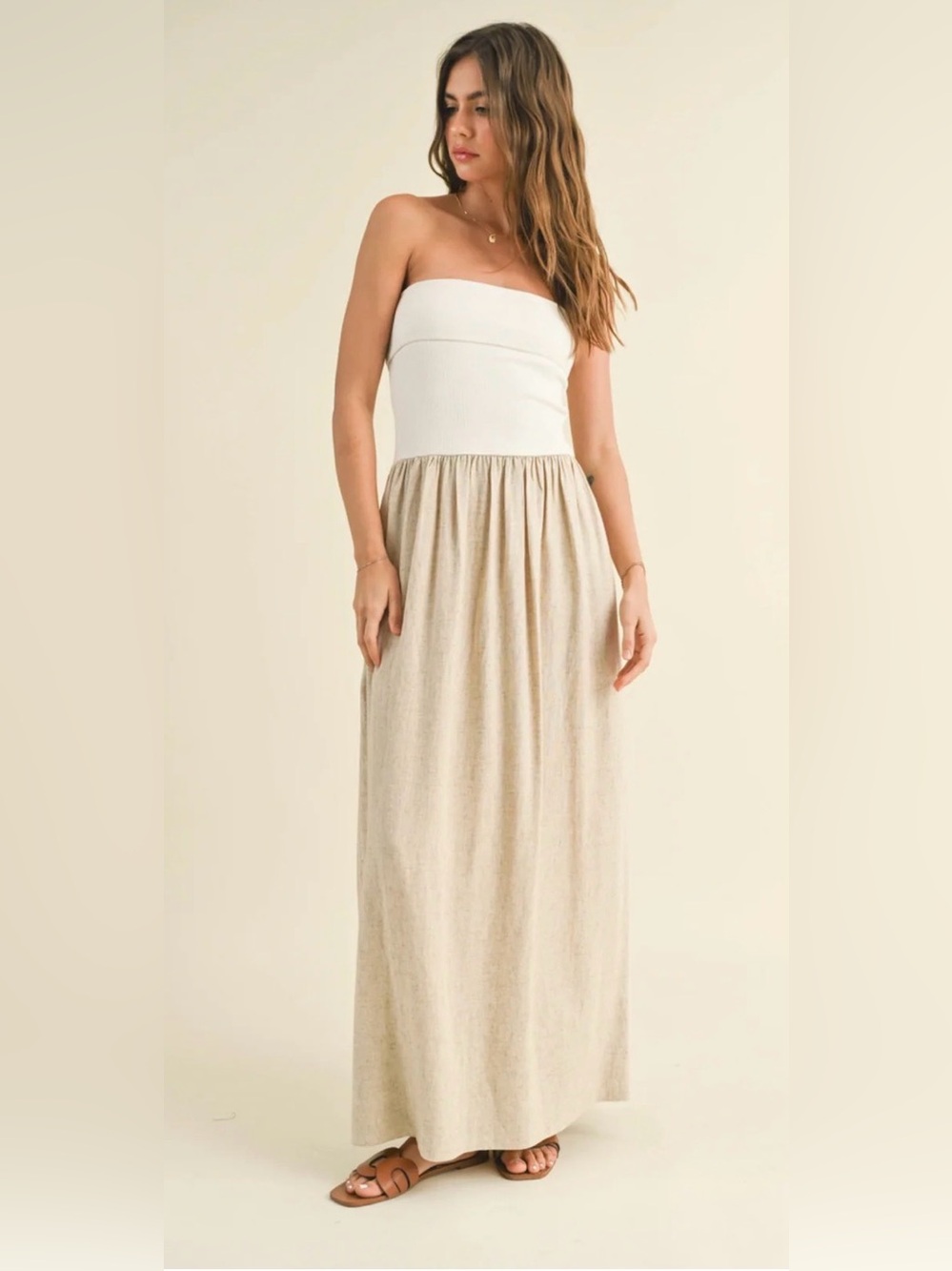 Strapless White Bodice with Cream Maxi Skirt
